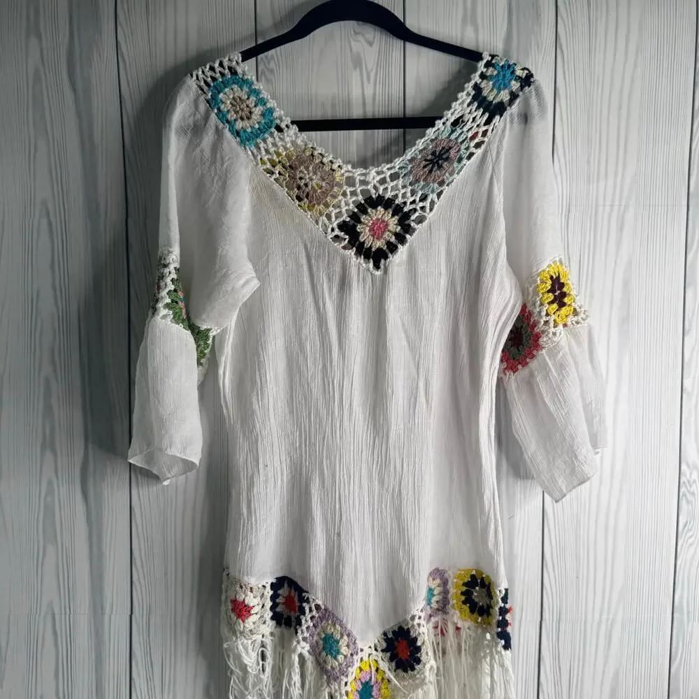 Dasaya Bohemian Hippie Gypsy Multicolored Crochet Fringe Festival Tunic Top Med - Picture 5 of 8